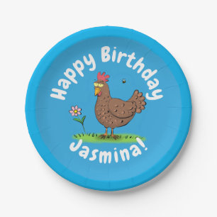 Funny chicken rustic cartoon illustration paper plates