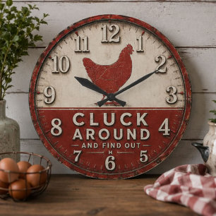 Funny Chicken Rustic Farmhouse Large Clock