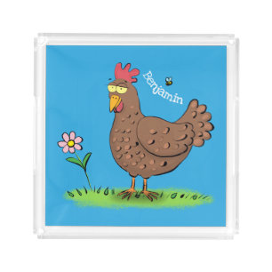 Funny chicken rustic whimsical cartoon acrylic tray