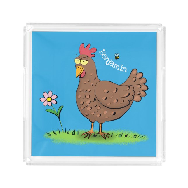 Funny chicken rustic whimsical cartoon acrylic tray (Front)