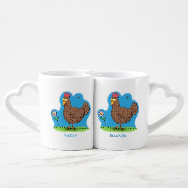 Funny chicken rustic whimsical cartoon coffee mug set (Back Nesting)