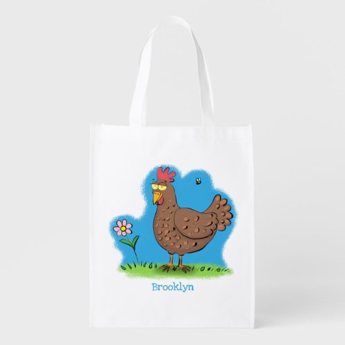 Funny chicken rustic whimsical cartoon grocery bag