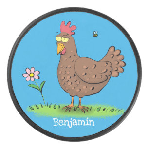 Funny chicken rustic whimsical cartoon hockey puck