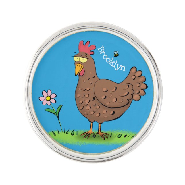 Funny chicken rustic whimsical cartoon lapel pin (Front)