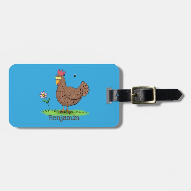 Funny chicken rustic whimsical cartoon luggage tag (Front Horizontal)
