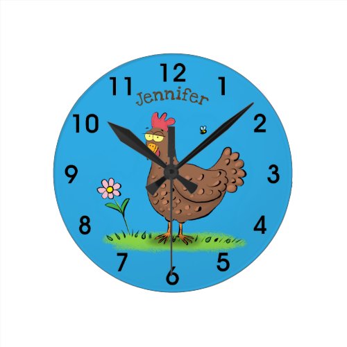 Funny chicken rustic whimsical cartoon round clock