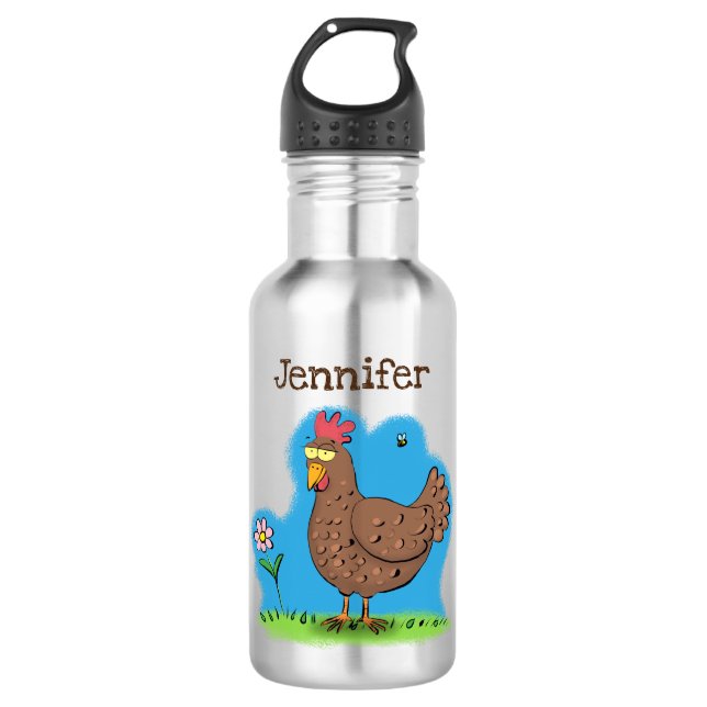 Funny chicken rustic whimsical cartoon stainless steel water bottle (Front)