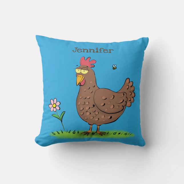 Funny chicken rustic whimsical cartoon throw pillow (Front)
