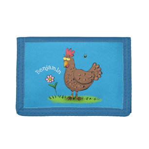 Funny chicken rustic whimsical cartoon tri-fold wallet