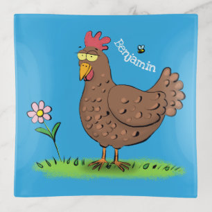 Funny chicken rustic whimsical cartoon trinket tray