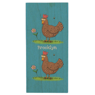 Funny chicken rustic whimsical cartoon wood flash drive