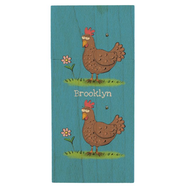 Funny chicken rustic whimsical cartoon wood flash drive (Front Vertical)