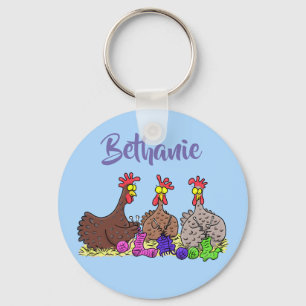 Funny chicken trio knitting cartoon keychain