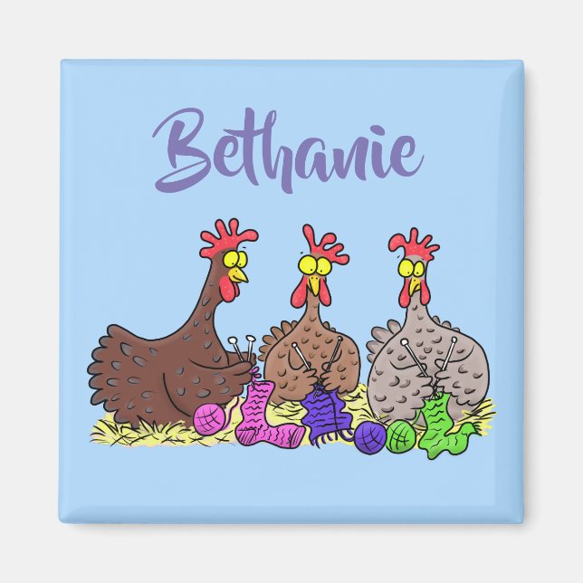 Funny chicken trio knitting cartoon magnet (Front)