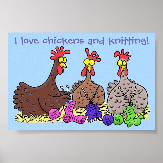 Funny chicken trio knitting cartoon poster (Front)