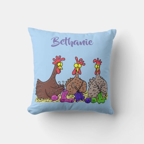 Funny chicken trio knitting cartoon throw pillow
