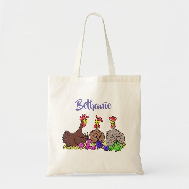Funny chicken trio knitting cartoon tote bag (Front)