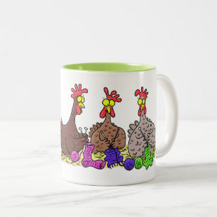 Funny chicken trio knitting cartoon Two-Tone coffee mug