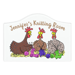 Funny chicken trio knitting room cartoon door sign