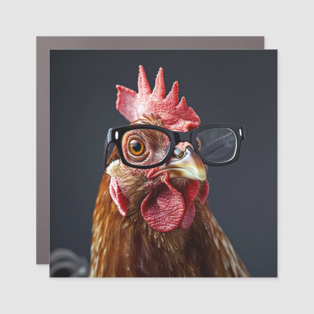 Funny Chicken Wearing Glasses Car Magnet (Front)