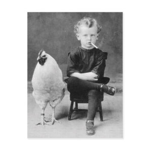 Funny Chicken With Smoking Kid Vintage Photo Postcard