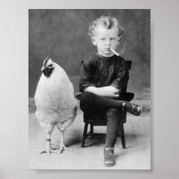 Funny Chicken With Smoking Kid Vintage Photo Poster