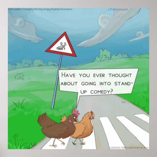 Funny Chickens Crossing Road Cartoon Poster