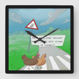 Funny Chickens Crossing Road Square Wall Clock