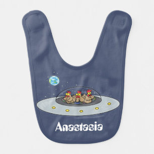 Funny chickens in space cartoon illustration baby bib