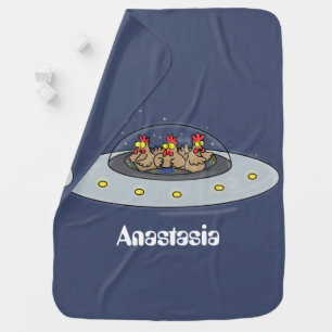 Funny chickens in space cartoon illustration baby blanket