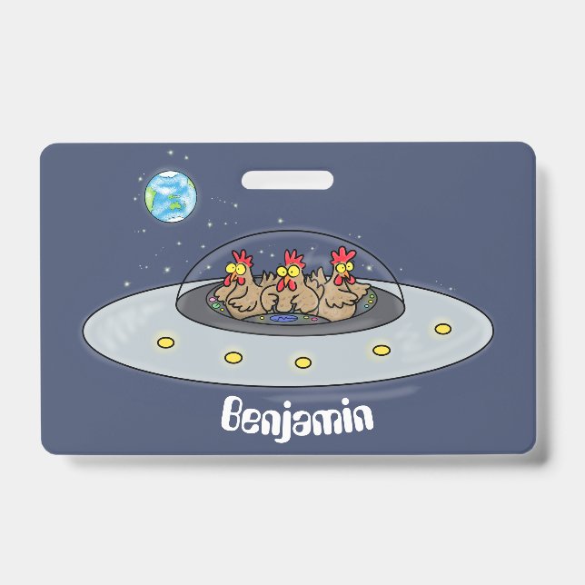 Funny chickens in space cartoon illustration badge (Front)