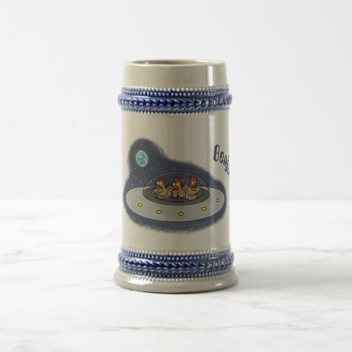 Funny chickens in space cartoon illustration beer stein