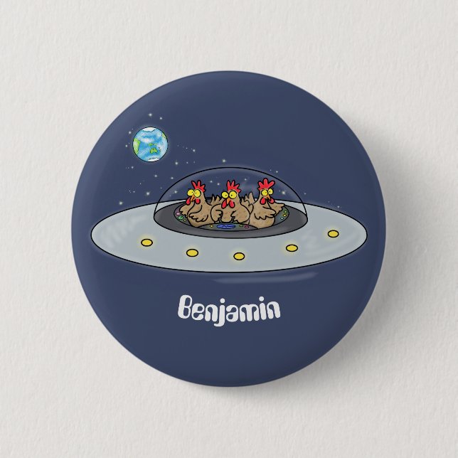 Funny chickens in space cartoon illustration button (Front)