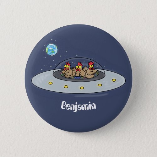 Funny chickens in space cartoon illustration button