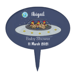 Funny chickens in space cartoon illustration cake topper