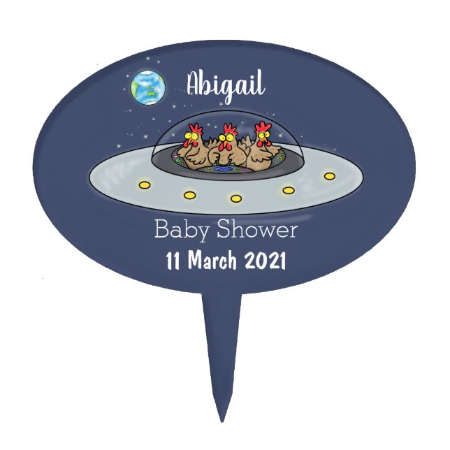 Funny chickens in space cartoon illustration cake topper (Front)