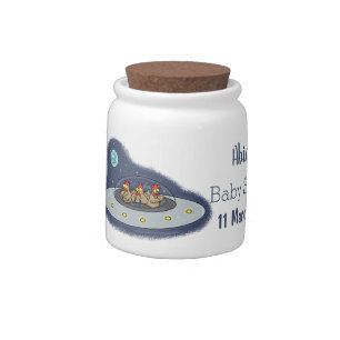 Funny chickens in space cartoon illustration candy jar