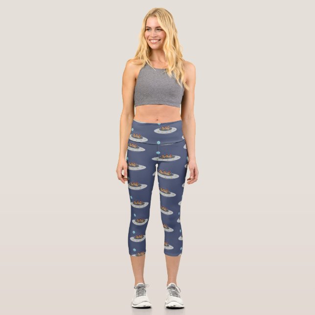 Funny chickens in space cartoon illustration capri leggings (Front)
