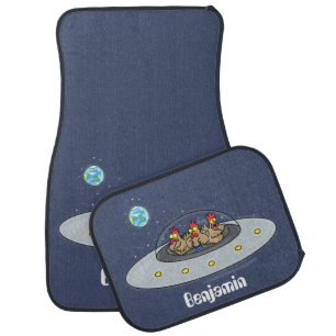 Funny chickens in space cartoon illustration car floor mat