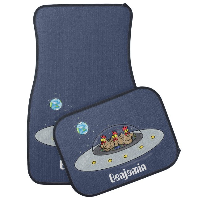 Funny chickens in space cartoon illustration car floor mat (Set)