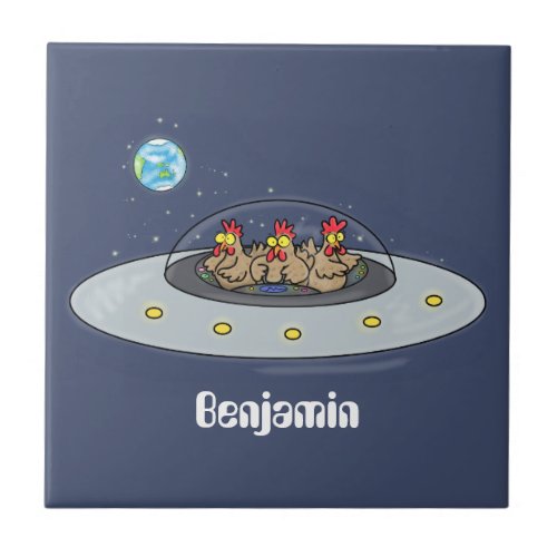 Funny chickens in space cartoon illustration ceramic tile
