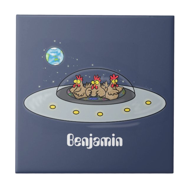 Funny chickens in space cartoon illustration ceramic tile (Front)