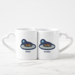 Funny chickens in space cartoon illustration coffee mug set