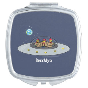 Funny chickens in space cartoon illustration compact mirror