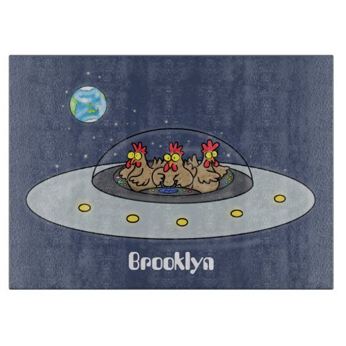 Funny chickens in space cartoon illustration cutting board