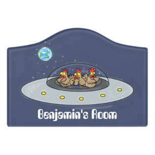 Funny chickens in space cartoon illustration door sign
