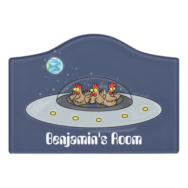 Funny chickens in space cartoon illustration door sign (Small Crest Front)