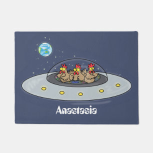 Funny chickens in space cartoon illustration doormat