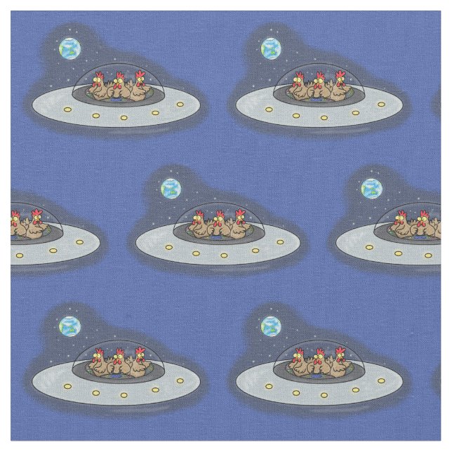 Funny chickens in space cartoon illustration fabric (Close Up)