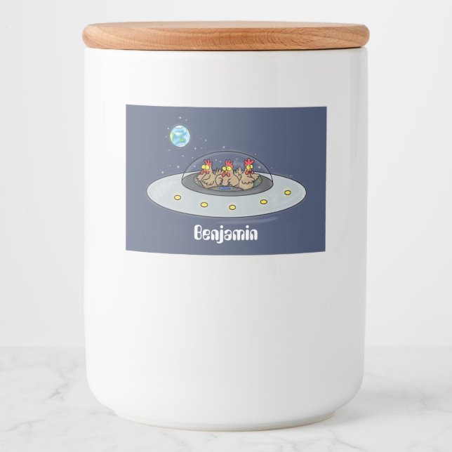 Funny chickens in space cartoon illustration food label (Front)